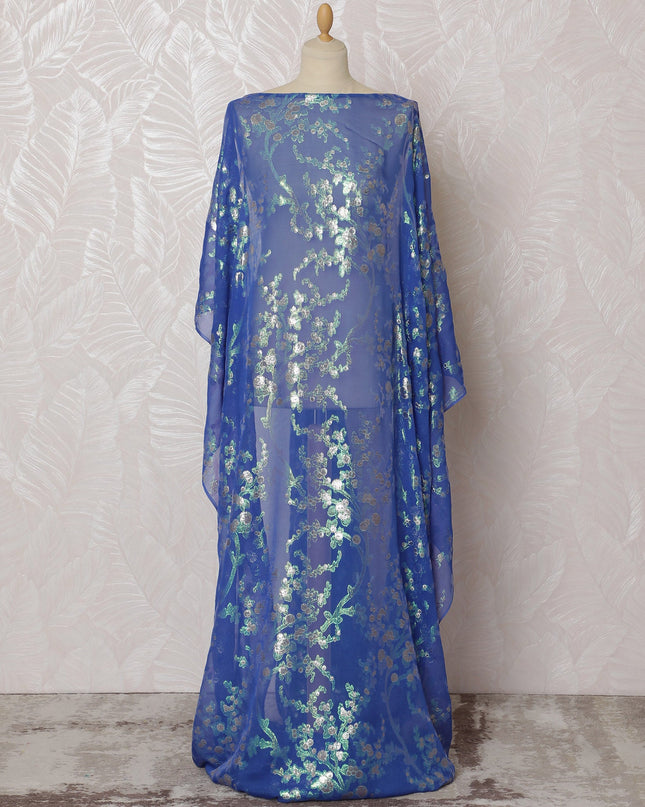 Traditional Somali Dirac Fabric in Pure Silk Chiffon with Metallic Lurex, Blue and Silver, 3.5 Meters X 140 Cms-D19865