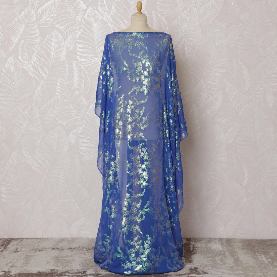 قماش ديراك صومالي تقليدي من الشيفون الحريري الخالص مع اللوريكس المعدني، أزرق وفضي، 3.5 متر × 140 سم-D19865