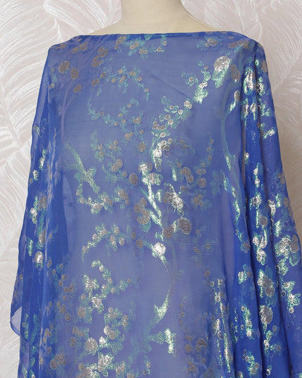 Traditional Somali Dirac Fabric in Pure Silk Chiffon with Metallic Lurex, Blue and Silver, 3.5 Meters X 140 Cms-D19865