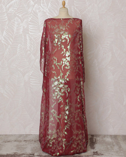 Traditional Somali Dirac Fabric in Pure Silk Chiffon with Metallic Lurex, Red and Gold, 3.5 Meters X 140 cms-D19866