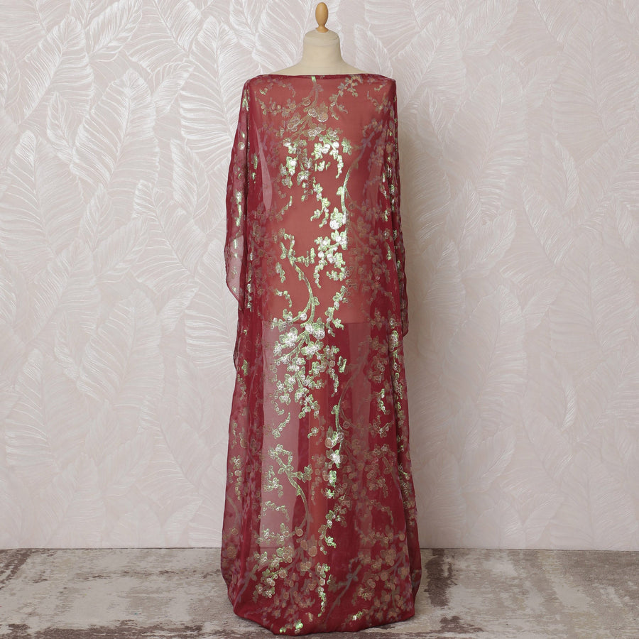 Traditional Somali Dirac Fabric in Pure Silk Chiffon with Metallic Lurex, Red and Gold, 3.5 Meters X 140 cms-D19866