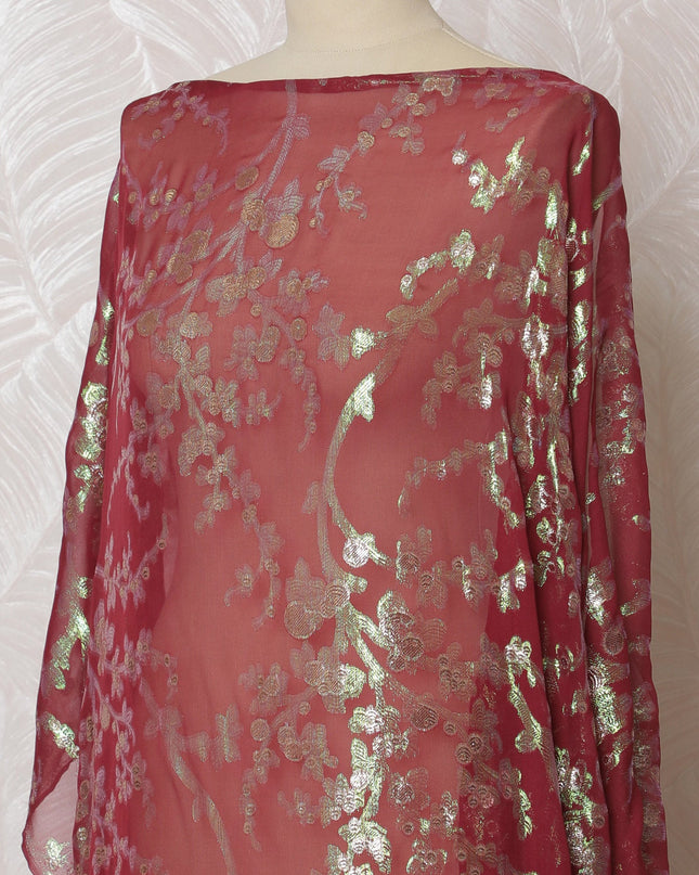 Traditional Somali Dirac Fabric in Pure Silk Chiffon with Metallic Lurex, Red and Gold, 3.5 Meters X 140 cms-D19866