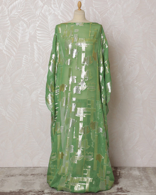 Traditional Somali Dirac Fabric in Pure Silk Chiffon with Metallic Lurex, Green and Silver, 3.5 Meters X 140 Cms-D19867