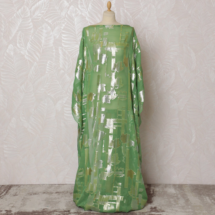 Traditional Somali Dirac Fabric in Pure Silk Chiffon with Metallic Lurex, Green and Silver, 3.5 Meters X 140 Cms-D19867