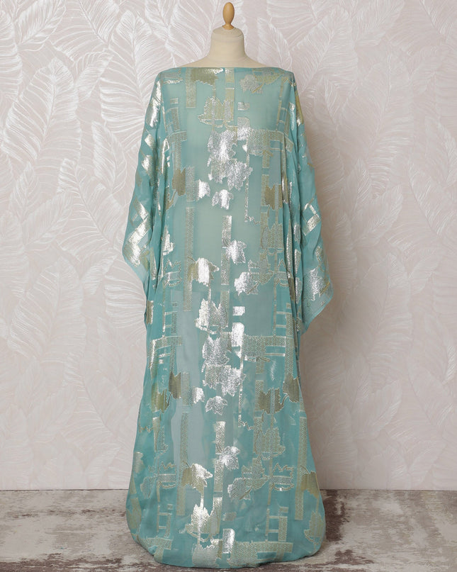 Traditional Somali Dirac Fabric in Pure Silk Chiffon with Metallic Lurex, Aqua Blue and Silver, 3.5 Meters, 140 cm Width-D19868