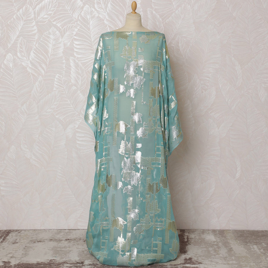 Traditional Somali Dirac Fabric in Pure Silk Chiffon with Metallic Lurex, Aqua Blue and Silver, 3.5 Meters, 140 cm Width-D19868