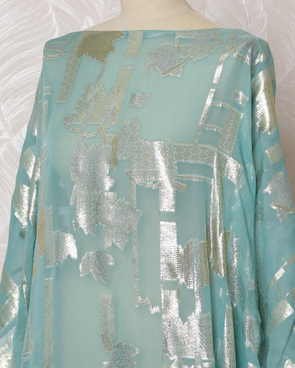 Traditional Somali Dirac Fabric in Pure Silk Chiffon with Metallic Lurex, Aqua Blue and Silver, 3.5 Meters, 140 cm Width-D19868