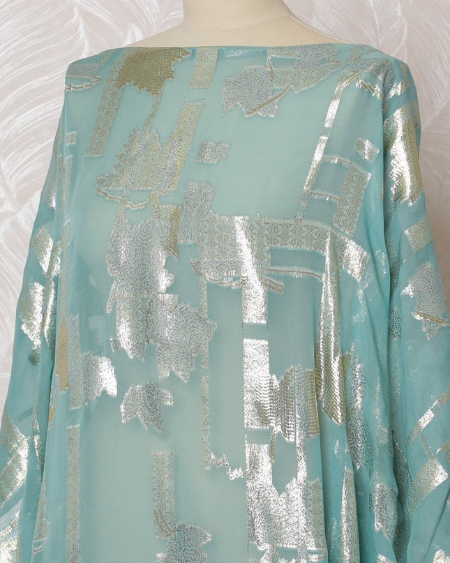 Traditional Somali Dirac Fabric in Pure Silk Chiffon with Metallic Lurex, Aqua Blue and Silver, 3.5 Meters, 140 cm Width-D19868