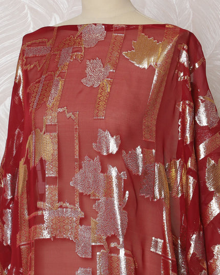 Traditional Somali Dirac Fabric in Pure Silk Chiffon with Metallic Lurex, Red and Silver, 3.5 Meters, 140 cm Width-D19869