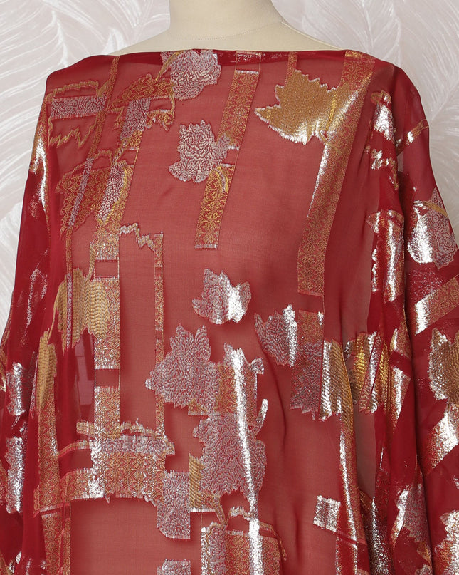 Traditional Somali Dirac Fabric in Pure Silk Chiffon with Metallic Lurex, Red and Silver, 3.5 Meters, 140 cm Width-D19869