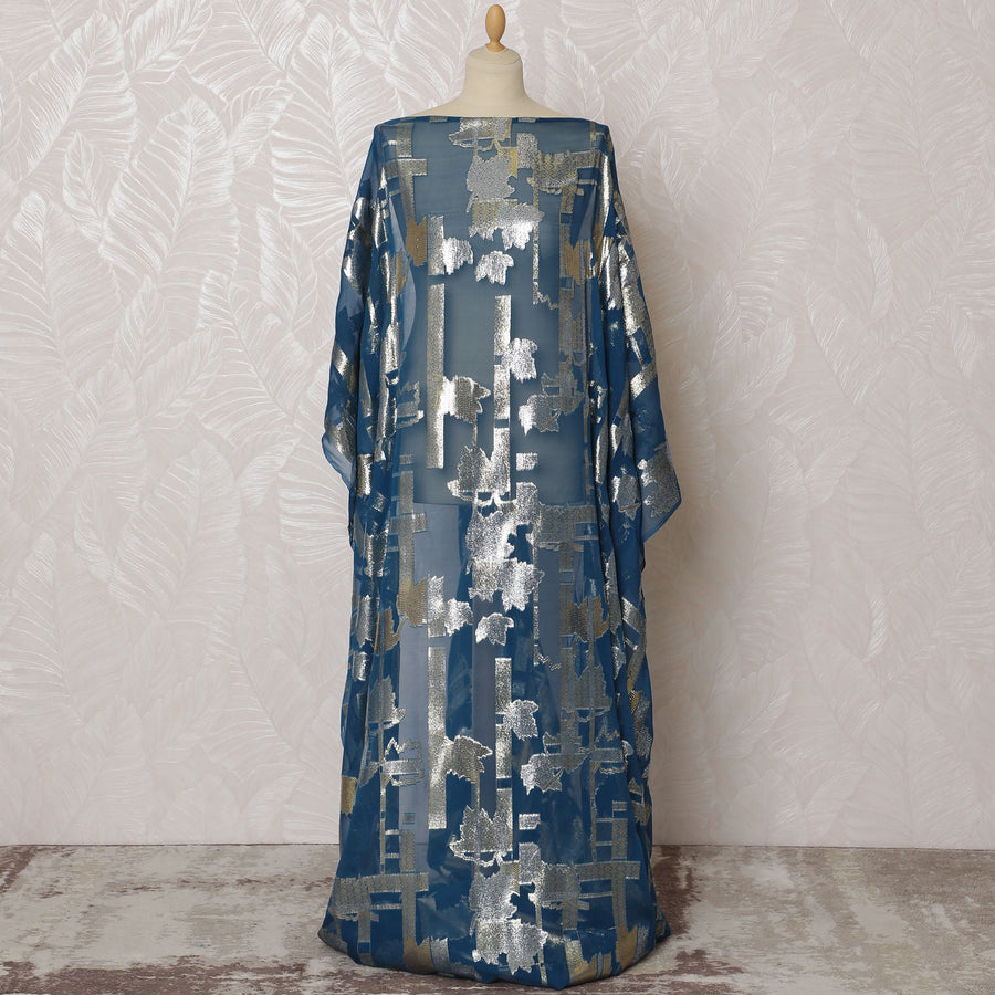 Traditional Somali Dirac Fabric in Pure Silk Chiffon with Metallic Lurex, Teal Blue and Silver, 3.5 Meters, 140 cm Width-D19870