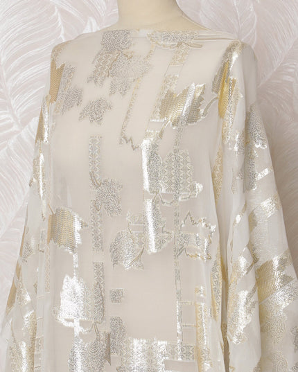 Traditional Somali Dirac Fabric in Pure Silk Chiffon with Metallic Lurex, Ivory and Silver, 3.5 Meters, 140 cm Width-D19871