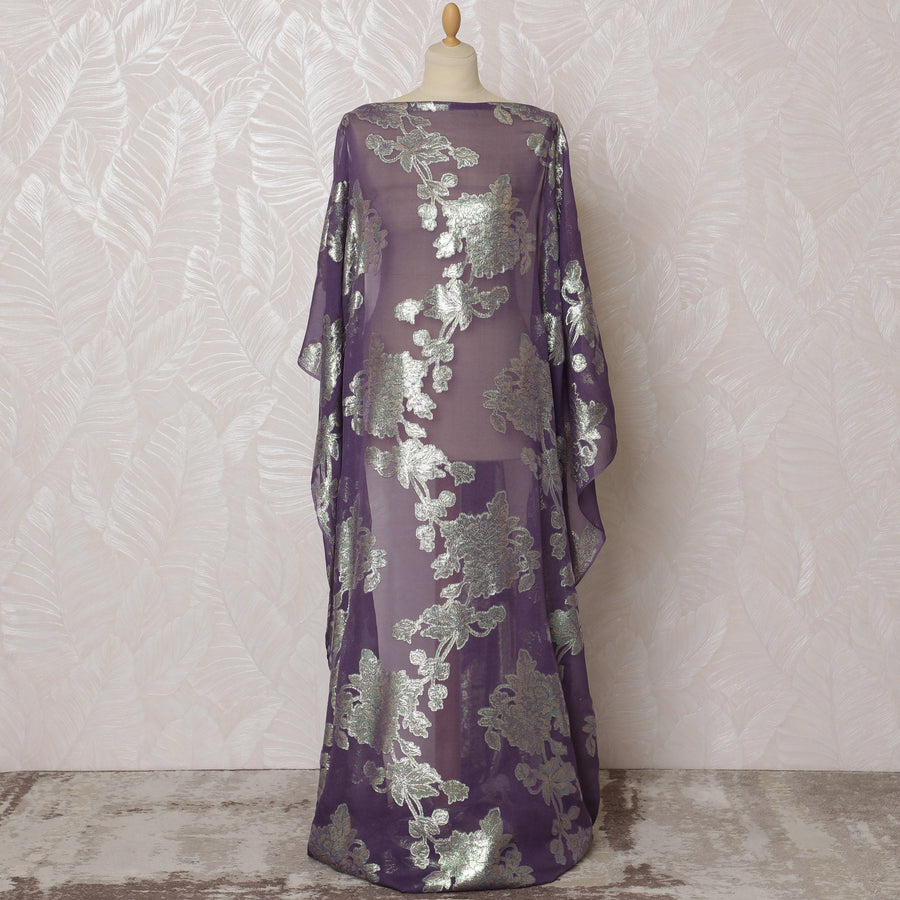 قماش ديراك صومالي تقليدي من الشيفون الحريري الخالص مع اللوريكس المعدني، أرجواني وفضي، 3.5 متر، عرض 140 سم-D19872