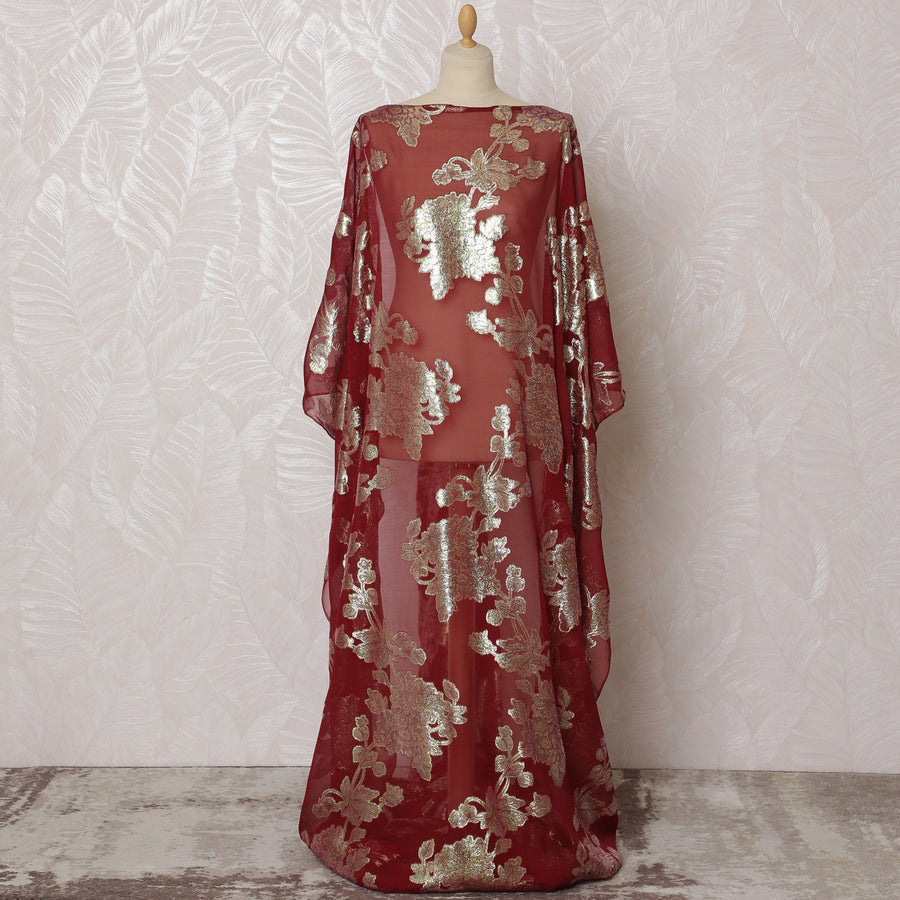 Traditional Somali Dirac Fabric in Pure Silk Chiffon with Metallic Lurex, Deep Red and Silver, 3.5 Meters, 140 cm Width-D19874