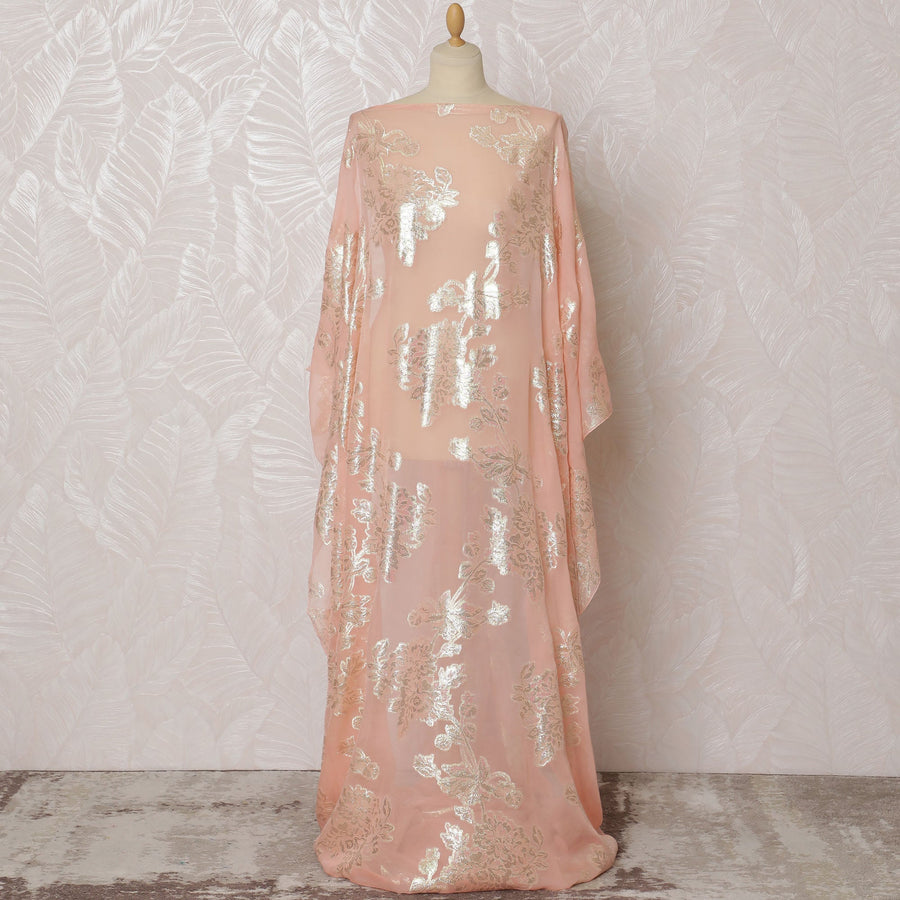 Traditional Somali Dirac Fabric in Pure Silk Chiffon with Metallic Lurex, Peach and Silver, 3.5 Meters, 140 cm Width-D19875