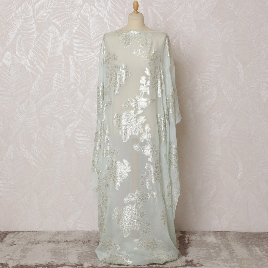 قماش ديراك صومالي تقليدي من الشيفون الحريري الخالص مع لوريكس معدني، أخضر نعناعي وفضي، 3.5 متر، عرض 140 سم -D19876