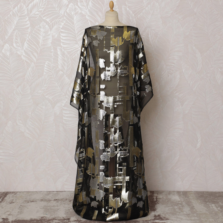 قماش ديراك صومالي تقليدي من الشيفون الحريري الخالص مع لوريكس معدني، أسود وفضي، 3.5 متر، عرض 140 سم-D19878