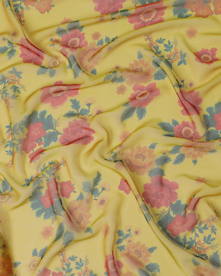 Yellow and Pink Floral Pure Silk Chiffon Fabric, 110 cms, South Korea-D19881