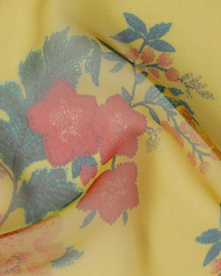 Yellow and Pink Floral Pure Silk Chiffon Fabric, 110 cms, South Korea-D19881