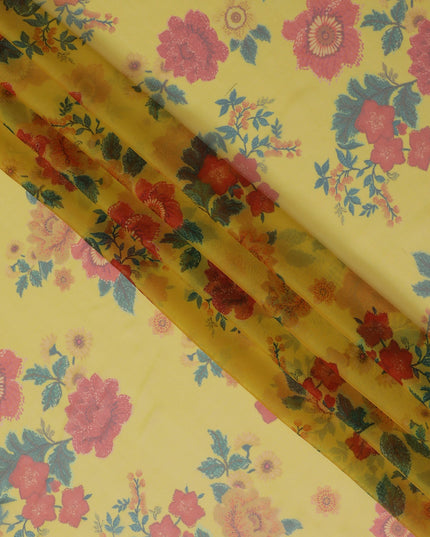 Yellow and Pink Floral Pure Silk Chiffon Fabric, 110 cms, South Korea-D19881