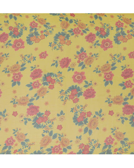 Yellow and Pink Floral Pure Silk Chiffon Fabric, 110 cms, South Korea-D19881