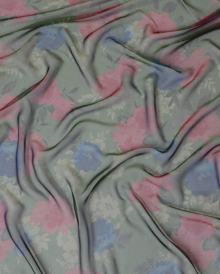 Soft Pink and Blue Floral Pure Silk Chiffon Fabric, 110 cms, South Korea-D19884