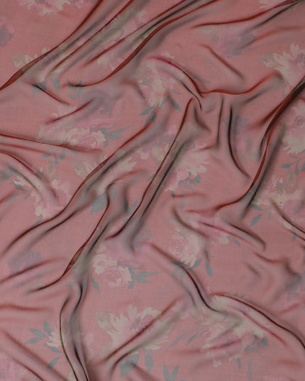 Elegant Pink and Grey Floral Pure Silk Chiffon Fabric, 110 cms, South Korea-D19886