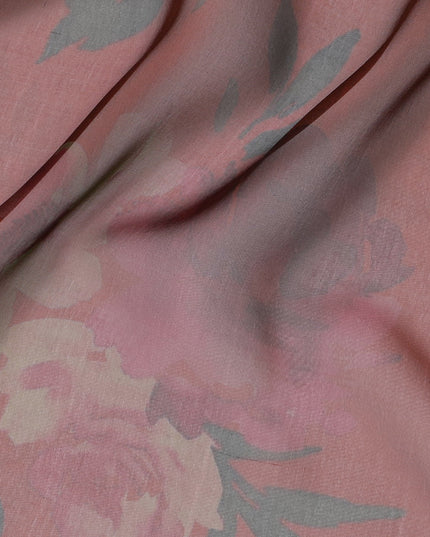 Elegant Pink and Grey Floral Pure Silk Chiffon Fabric, 110 cms, South Korea-D19886