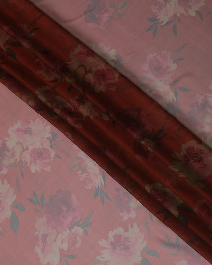 Elegant Pink and Grey Floral Pure Silk Chiffon Fabric, 110 cms, South Korea-D19886