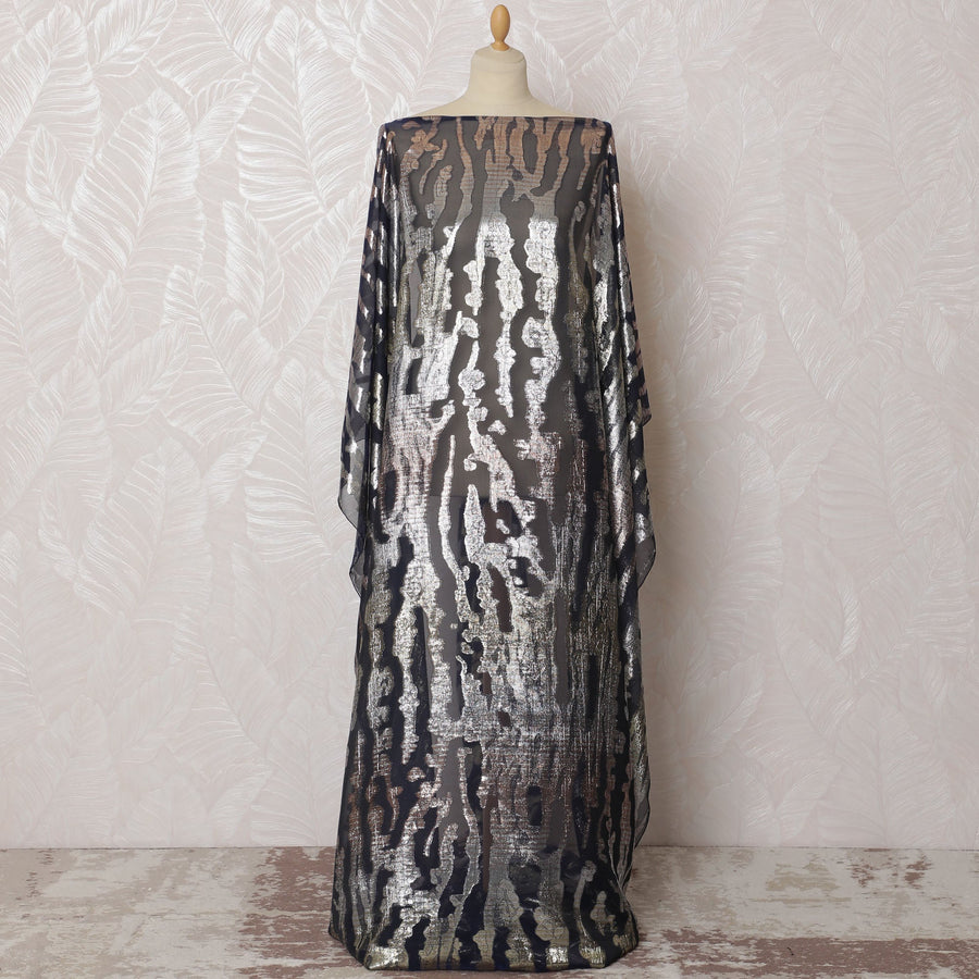 Charcoal and Silver French Silk Chiffon Fabric, Metallic Lurex, Traditional Somali Dirac - 140 cm Width, 3.5 Meters-D20132