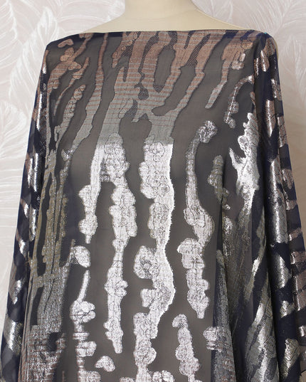 Charcoal and Silver French Silk Chiffon Fabric, Metallic Lurex, Traditional Somali Dirac - 140 cm Width, 3.5 Meters-D20132