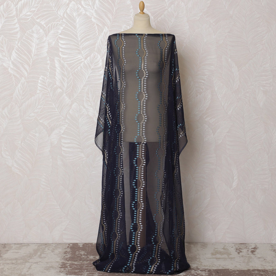 Navy Blue French Silk Chiffon Fabric with Blue and Silver Metallic Lurex, Traditional Somali Dirac - 140 cm Width, 3.5 Meters-D20134