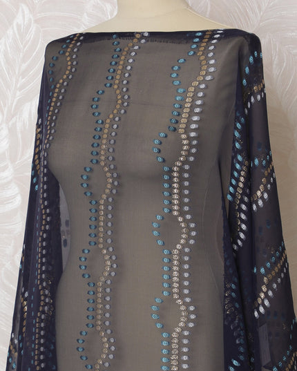 Navy Blue French Silk Chiffon Fabric with Blue and Silver Metallic Lurex, Traditional Somali Dirac - 140 cm Width, 3.5 Meters-D20134