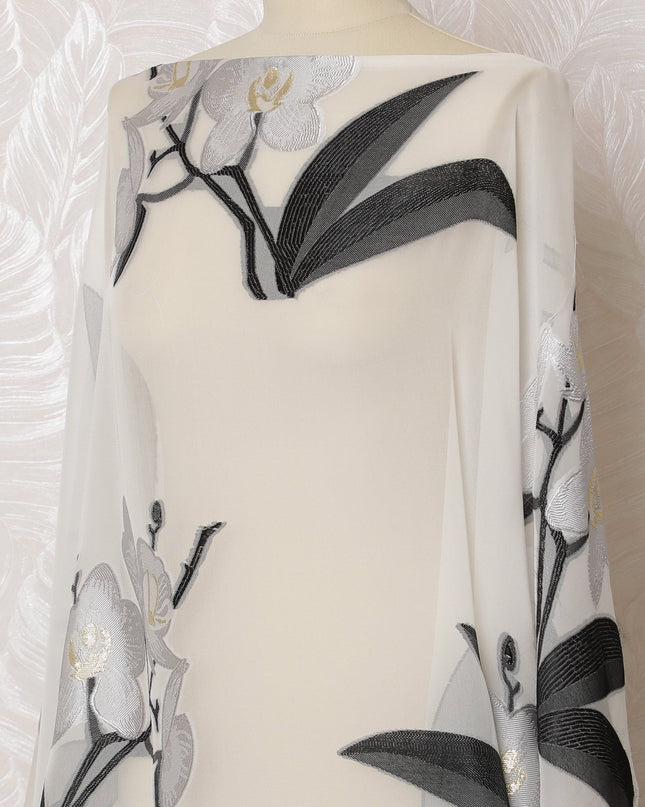 Ivory French Silk Chiffon Fabric with Black and Silver Orchid Embroidery, Traditional Somali Dirac - 140 cm Width, 3.5 Meters-D20135