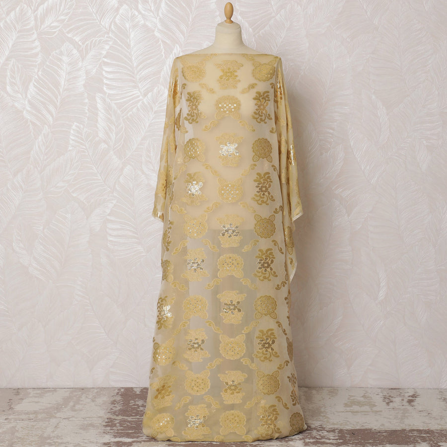 Golden French Silk Chiffon Fabric with Floral Embroidery and Metallic Accents, Traditional Somali Dirac - 140 cm Width, 3.5 Meters-D20136