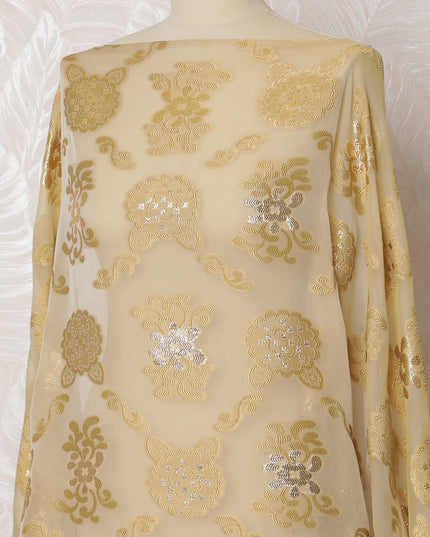 Golden French Silk Chiffon Fabric with Floral Embroidery and Metallic Accents, Traditional Somali Dirac - 140 cm Width, 3.5 Meters-D20136