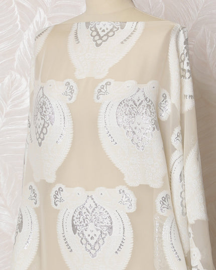 Cream French Silk Chiffon Fabric with White Lace and Silver Embroidery, Traditional Somali Dirac - 140 cm Width, 3.5 Meters-D20137