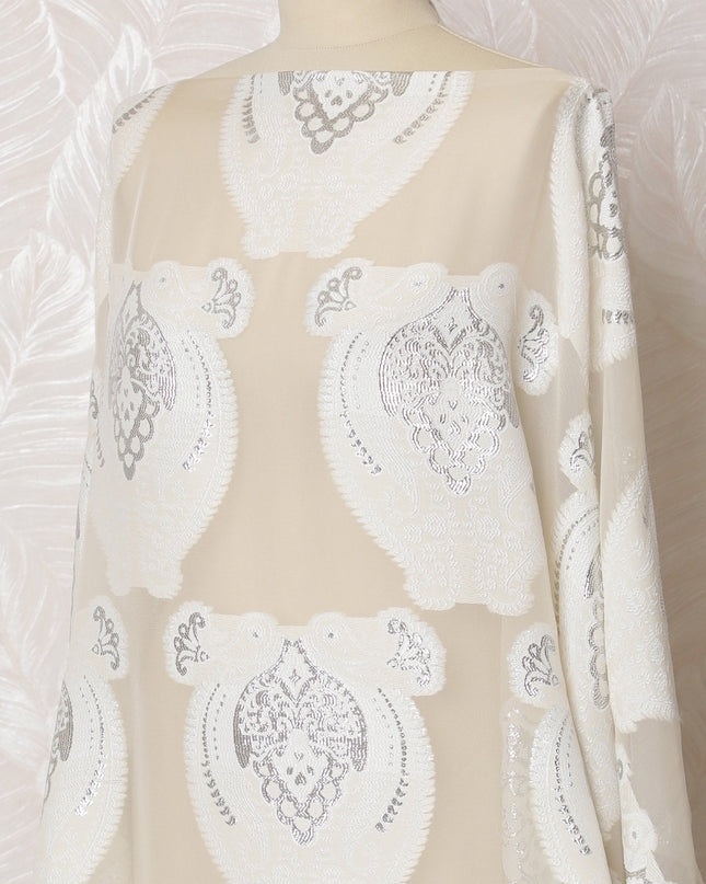 Cream French Silk Chiffon Fabric with White Lace and Silver Embroidery, Traditional Somali Dirac - 140 cm Width, 3.5 Meters-D20137