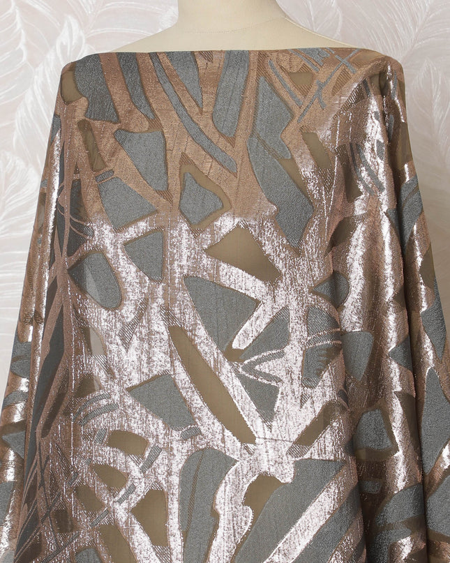 Bronze French Silk Chiffon Fabric with Silver Metallic Lurex, Traditional Somali Dirac - 140 cm Width, 3.5 Meters-D20138