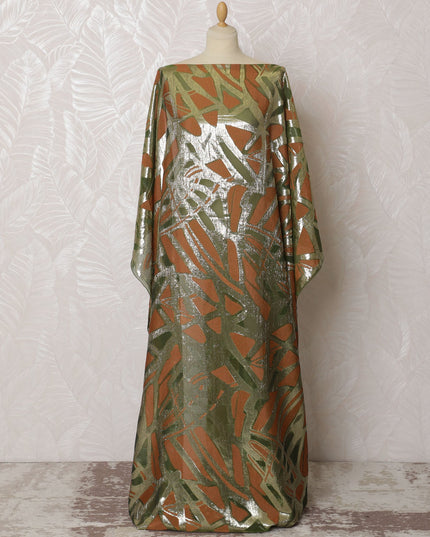 Olive Green French Silk Chiffon Fabric with Copper and Silver Metallic Lurex, Traditional Somali Dirac - 140 cm Width, 3.5 Meters-D20139