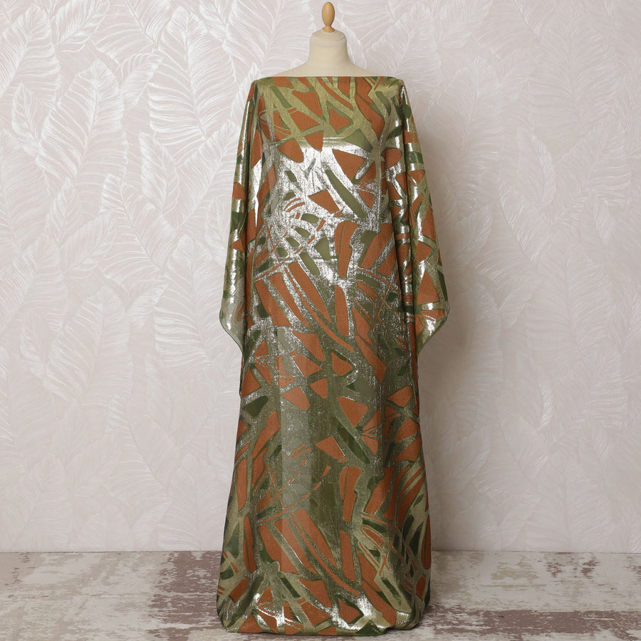 Olive Green French Silk Chiffon Fabric with Copper and Silver Metallic Lurex, Traditional Somali Dirac - 140 cm Width, 3.5 Meters-D20139