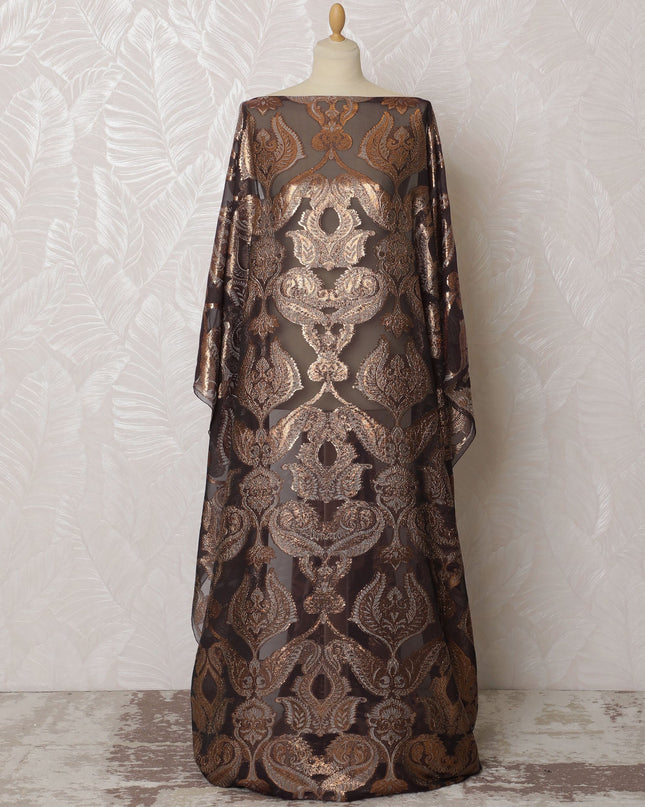 Espresso Brown French Silk Chiffon Fabric with Copper Embroidery, Traditional Somali Dirac - 140 cm Width, 3.5 Meters-D20140