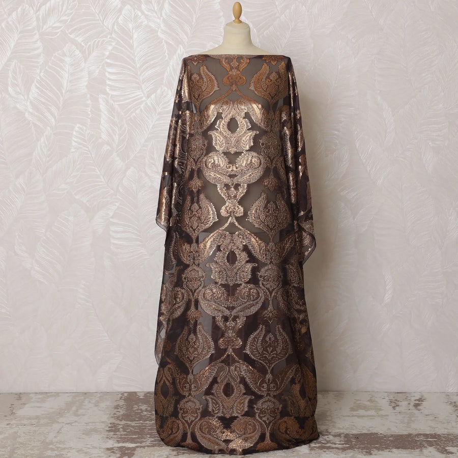 Espresso Brown French Silk Chiffon Fabric with Copper Embroidery, Traditional Somali Dirac - 140 cm Width, 3.5 Meters-D20140 Regal Fabrics