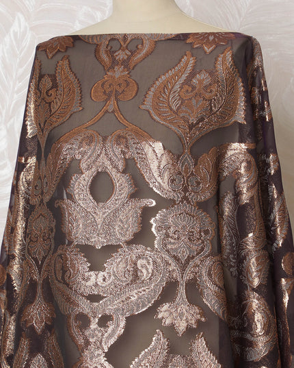 Espresso Brown French Silk Chiffon Fabric with Copper Embroidery, Traditional Somali Dirac - 140 cm Width, 3.5 Meters-D20140