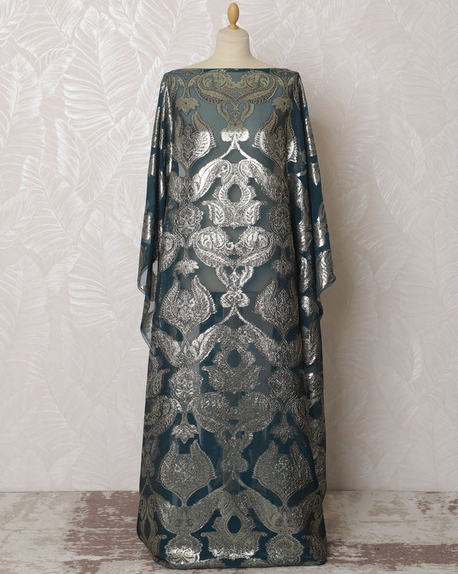 Teal French Silk Chiffon Fabric with Silver Embroidery, Traditional Somali Dirac - 140 cm Width, 3.5 Meters-D20141