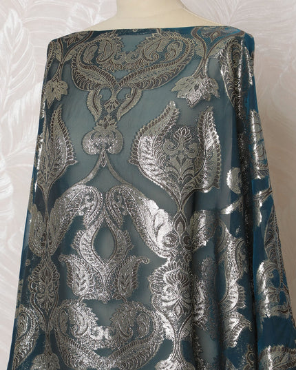 Teal French Silk Chiffon Fabric with Silver Embroidery, Traditional Somali Dirac - 140 cm Width, 3.5 Meters-D20141