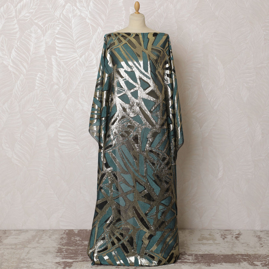 Teal Blue French Silk Chiffon Fabric with Metallic Silver Lurex, Traditional Somali Dirac - 140 cm Width, 3.5 Meters-D20142