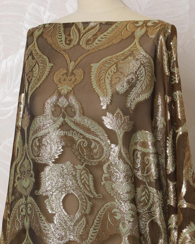 Mocha Brown French Silk Chiffon Fabric with Gold and Silver Embroidery, Traditional Somali Dirac - 140 cm Width, 3.5 Meters-D20143