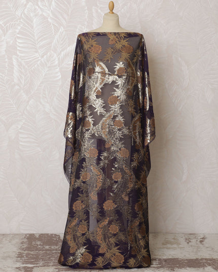 Dark Plum French Silk Chiffon Fabric with Gold Floral Embroidery, Traditional Somali Dirac - 140 cm Width, 3.5 Meters-D20144