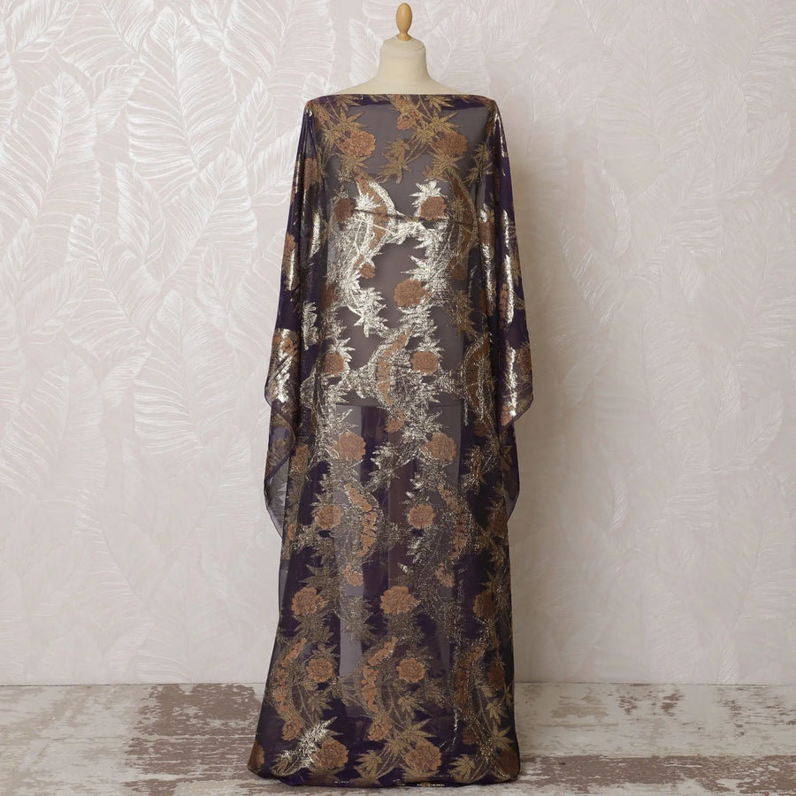 Dark Plum French Silk Chiffon Fabric with Gold Floral Embroidery, Traditional Somali Dirac - 140 cm Width, 3.5 Meters-D20144 Regal Fabrics
